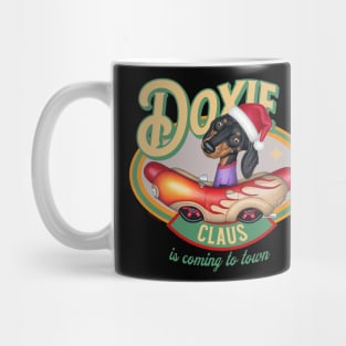 cute Doxie Dog as Santa Claus in classic hotdog car is Coming to Town Mug